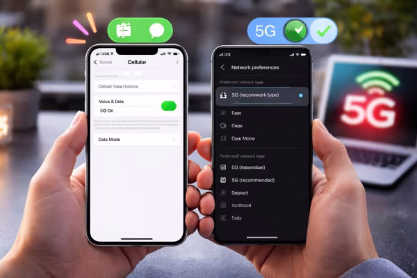 A person following steps on how to enable 5G on a modern smartphone screen.